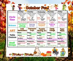 the october fun calendar is displayed in front of autumn leaves