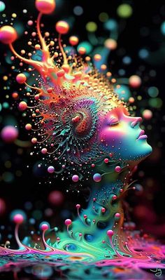 a woman's face is surrounded by colorful bubbles and water, as if she was floating