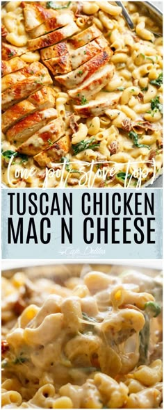 chicken macaroni and cheese is shown in two different pictures with the title above it