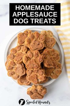 homemade applesauce dog treats on a white plate with the title overlay above it