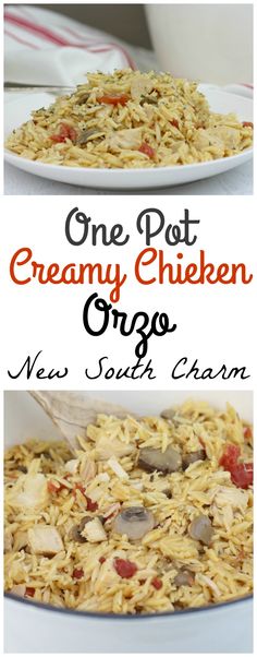 one pot creamy chicken orzo next to another image of the same dish in a pan