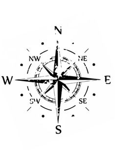 a black and white photo of a compass on a white background with the letter s in it's center