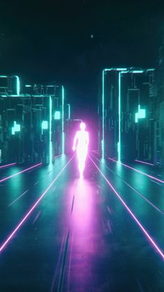 a man walking down a dark tunnel with neon lights on the floor and buildings in the background