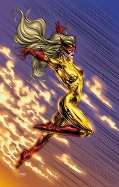 a woman in yellow and red running through the air