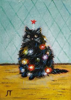 Christmas Aesthetic Drawing, Illustration Kunst, Santa Cat, Winter Cat, Art Mignon, Arte Inspo, Art Et Illustration, Art And Illustration, Christmas Paintings