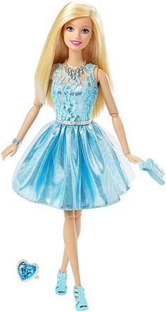 a barbie doll with blonde hair and blue dress