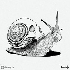 a black and white drawing of a snail with its head on top of another snail