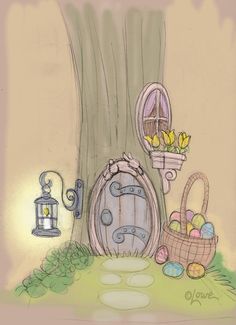 a drawing of an easter scene with eggs in baskets next to a door and lantern