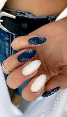 9. Navy Blue and White nails Have you noticed the leaves are changing, so are our manicures — For those who loves deep wine,... Fancy Navy Nails, Nail Design Blue And White, Navy Blue Prom Nails Silver, Navy White And Silver Nails, Bridesmaid Nails Navy Blue, Navy Bridesmaid Nails, White Navy Nails, Navy Blue And White Nail Ideas, Navy Blue And Cream Nails