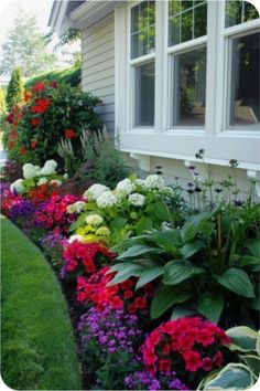 colorful flowers line the side of a house