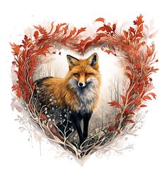 a heart shaped frame with an image of a fox in the middle and leaves around it