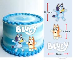 a blue cake with cartoon characters on it and the words bluey next to it