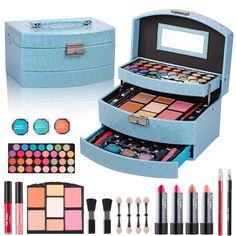 PRICES MAY VARY. WHAT YOU GET: 31 eye shadows, 2 lip glosses, 2 blushes, 4 lipsticks, 1 face powder, 1 lip pencil, 1 bronzer, 1 eye pencil, 1 highlighter, 2 concealers, 6 brushes, 1 reusable train case. COMPLETE COSMETIC SET: This affordable makeup kit with everything needed to get started is perfect for teens or beginners who want to play with makeup without breaking the bank. FRIENDLY TO SKIN: The various cosmetics in the teen makeup kit gift set are hypoallergenic-free, paraben-free and miner Beginner Makeup Kit, Beginner Makeup, Blush Lipstick, Magical Makeup, Kit Christmas, Beauty Brushes, Cosmetic Sets, Makeup For Teens, Affordable Makeup