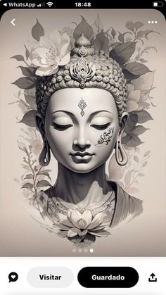 an image of a buddha statue with flowers on it's head and the words, visit