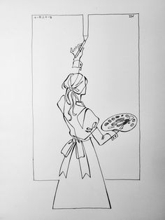 a black and white drawing of a woman holding a pizza in one hand and a knife in the other