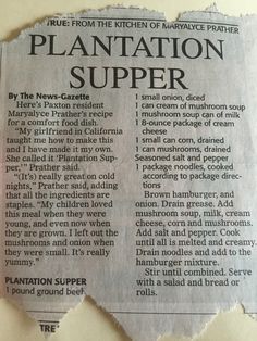 a piece of newspaper paper with the words plantation super written on it and torn in half