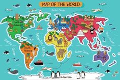 Kid's Cartoon World Map Wall Mural-Wall Mural-Eazywallz Map Wall Mural, Kids World Map, Maps For Kids, World Map Wallpaper, World Map Canvas, Map Wallpaper, Map Of The World, Cartoon World, World Map Wall