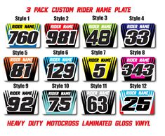 the number plate stickers for each race car are numbered in different colors and numbers