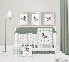 a baby crib bedding set with ducks on it