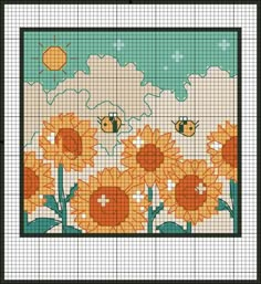 cross stitch pattern with sunflowers and bees