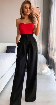 Elegantes Party Outfit, Wide Leg Trousers Outfit, Red Wide Leg Pants, Elegant Pant, Looks Party, Black High Waist, Dinner Outfits, Wide Pants, Fancy Outfits