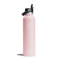 a pink stainless steel water bottle with a black lid and handle on an isolated white background