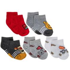 Size: Infants Unisex 12-24M Color: Gray, Red, White & Yellow Content: 98% Polyester & 2% Spandex Quantity: 5 Pairs Care: Machine Wash, Cold With Like Colors Only Non-Chlorine Bleach When Needed Tumble Dry Low Do Not Iron Make sure your little one looks adorable with the help of these Winnie The Pooh Infant Ankle Socks. These soft socks feature Winnie the Pooh and his wonderful friend Tigger with different designs. There is a pair with Pooh's head with stripes, Tigger's head with fun swirls, and Playful Red Cotton Socks, Bumble Bee Flying, Bee Flying, Wonderful Friend, Soft Socks, Soft Sock, Frame Decor, Ankle Socks, Hobby Lobby