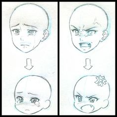 the stages of drawing anime characters with different expressions and facial expressions, including an angry man's head