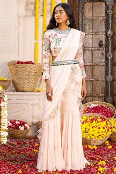 Shop for these amazing collections of Peach Georgette Printed Floral Motifs Pre-draped Sharara Saree Set For Women by Chhavvi Aggarwal online at Aza Fashions. Drape Sharara Saree, Peach Sharara, Plazo Dress, Sharara Saree, Pant Saree, Sharara Designs, Peach Saree, Indian Gowns Dresses