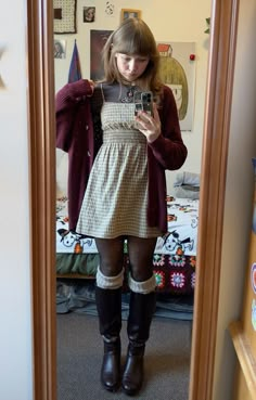 Casual Hoco Outfits, Plaid Babydoll Dress Outfit, Clothing Styles Feminine, Layered Winter Dress Outfits, How To Style Short Dress In Winter, Tights With Holes Outfit, Lucycore Outfits, Warm Earth Tones Outfit, Cute Bohemian Outfits