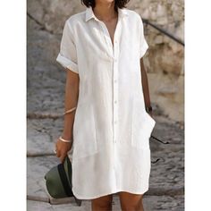 Season:Summer,Spring; Fabric:Linen; Sleeve Length:Short Sleeve; Look After Me:Machine wash; Gender:Women's; Style:Basic,Casual; Elasticity:Micro-elastic; Occasion:Formal,Vacation,Daily,Outdoor; Fit Type:Loose Fit; Dresses Type:Shirt Dress,Cotton Linen Dress,White Dress; Pattern:Pure Color; Design:Pocket,Button; Neckline:Shirt Collar; Front page:FF; Listing Date:04/25/2023; Production mode:External procurement; 2024 Trends:2023; Bust:; Length:; Shoulder Width:null; Waist:; Fit US Size:; Fit UK Si Formal Linen Dress, Dresses With Tennis Shoes, White Dress Shirt Women, Linen Dress Summer, Dress Shirt Dress, White Dress Shirt, Mini Dress Formal, Cotton Linen Dresses, Plain Dress