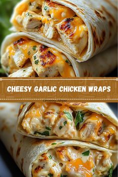 chicken wraps with cheese and spinach on the side, stacked up in a tortilla wrap