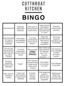 a printable game with words that read, cutthroat kitchen bingo