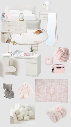 a collage of pink and white items including a bed, desk, chair, mirror, stuffed animals