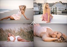 four photos of a beautiful woman posing on the beach