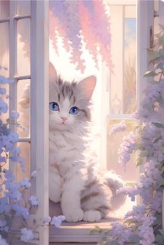 a painting of a white cat sitting on a window sill with purple flowers surrounding it