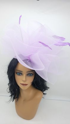 "Lilac/Lavender crinoline Fascinator.   Hat is on a .75\" headband and or a hairclip for a comfortable and secure look. - Ready to ship - Free Shipping - Group discount available - Customize by adding different color flowers and or feathers Check my store for for styles and colors.  Hatsandpearls.etsy.com Find more at my website for more styles: www.hatsandpearls.com  Reach out to me if you can't find what you are looking for.  I can make cake custom orders and help you style and match your outfit  Tag and share your pictures when you wear and style our hats.  Instagram: @hats_pearls Facebook: Hats Pearls" Luxury Purple Fascinator For Party, Fitted Purple Hat For Spring, Lavender Fitted Hat With Curved Brim, Spring Purple Wide Brim Fascinator, Fitted Lavender Hats For Spring, Fitted Lavender Hat For Spring, Lavender Fitted Hat For Spring, Adjustable Lavender Hat For Evening, Adjustable Lavender Headpiece For Wedding