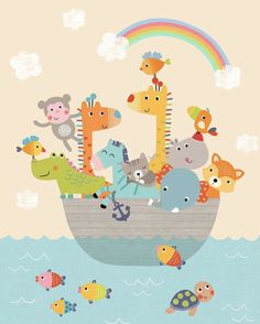 a boat filled with lots of animals floating on top of the ocean next to a rainbow