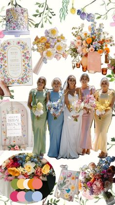 the bridesmaids are all dressed in pastel colors