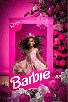 the poster for barbie's new movie is shown in front of a pink background