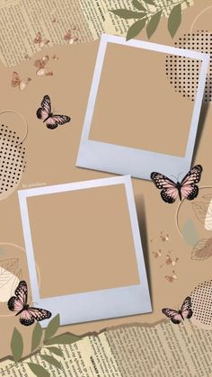 two square frames with butterflies on top of them and an old book in the background