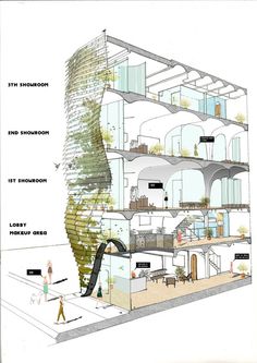 an architectural drawing shows the inside of a building with several floors and balconies