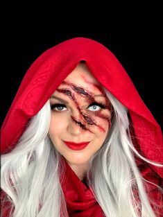 Red Riding Hood Halloween Makeup and costume Burnt Makeup Halloween, Red Riding Hood Sfx Makeup, Slasher Victim Makeup, Womens Halloween Costume Ideas Scary, Plus Size Red Riding Hood Costume, Creepy Red Riding Hood Costume, Scary Red Riding Hood Costume, Half Zombie Face Makeup, Vampire Sfx Makeup