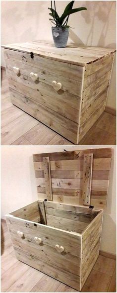 two wooden boxes sitting on top of a hard wood floor next to a potted plant