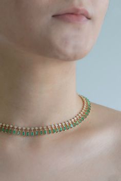 Emerald Dot and Dash Choker Necklace 14K Solid Gold Natural - Etsy Dainty Jewelry With Baguette Emerald Cut Diamonds, Dainty Emerald Cut Baguette Diamond Jewelry, Green Baguette Cut Diamond Jewelry, Diamond Necklace Choker, Dot And Dash, Pink Sapphire Wedding Band, Emerald Diamond Necklace, Ruby Jewelry Necklaces, Baguette Necklace