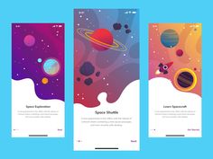 three mobile phone screens with space shuttle and planets in the sky, on blue background