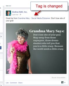 a facebook page with an image of a woman in a pink feathered dress and the caption tag is changed