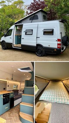 the interior and exterior of a camper van with stairs leading up to the kitchen