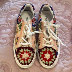 Nwot Free People Catch Me If You Can Sneakers, Lace Up Front, Crochet, Lightly Cushioned Footbed And Exaggerated Tread Outside Multicolored Crochet Size: 40 (U.S. 10) Multicolor Textile Sneakers With Woven Sole, Multicolor Slip-on Sneakers With Woven Sole, Diy Sneakers, Crochet Size, Free People Shoes, S 10, Womens Shoes Sneakers, Shoes Sneakers, Free People