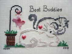 a cross stitched picture with the words best buddies and an image of a cat